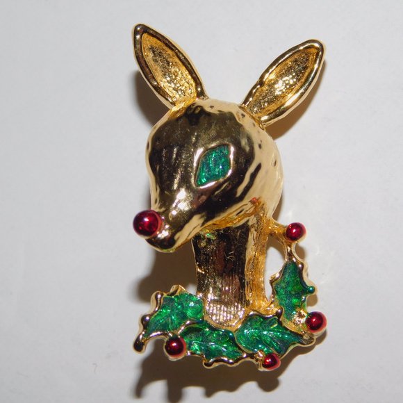 2 VTG Gerry's Christmas Holiday Brooch Gold tone Reindeer & Pinecone Pine Tree - Picture 5 of 6